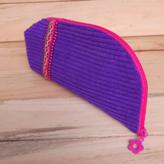 Trousse Ch’usay Éventail violette en velours côtelé avec ruban tissé péruvien et fermeture rose